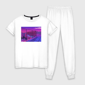 Женская пижама хлопок с принтом NFRNS -такты , 100% хлопок | брюки и футболка прямого кроя, без карманов, на брюках мягкая резинка на поясе и по низу штанин | графика | игра | компьютерная графика | неон | пейзаж | пиксели | пиксельный пейзаж | фиолетовый