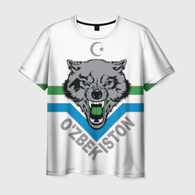 Мужская футболка 3D с принтом Узбекистан , 100% полиэфир | прямой крой, круглый вырез горловины, длина до линии бедер | crescent | flag | islam | republic | uzbekistan | wolf | волк | ислам | полумесяц | республика | узбекистан | флаг
