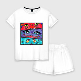 Женская пижама с шортиками хлопок с принтом Дракон, кот и осьминог , 100% хлопок | футболка прямого кроя, шорты свободные с широкой мягкой резинкой | Тематика изображения на принте: 