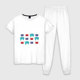 Женская пижама хлопок с принтом Разноцветные персонажи , 100% хлопок | брюки и футболка прямого кроя, без карманов, на брюках мягкая резинка на поясе и по низу штанин | 