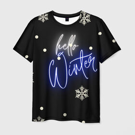 Мужская футболка 3D с принтом Привет,зима , 100% полиэфир | прямой крой, круглый вырез горловины, длина до линии бедер | белый | декабрь | зима | снег | снежинка | уют | черный