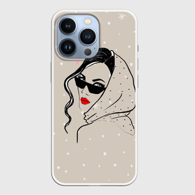 Чехол для iPhone 13 Pro с принтом Модная девушка в очках ,  |  | Тематика изображения на принте: беж | брюнетка | гламур | девушка | красота | лицо | мода | очки | помада