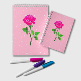 Блокнот с принтом Роза на розовом , 100% бумага | 48 листов, плотность листов — 60 г/м2, плотность картонной обложки — 250 г/м2. Листы скреплены удобной пружинной спиралью. Цвет линий — светло-серый
 | женственно | красота | роза | розовый | снежинки | фуксия | цветок | шик
