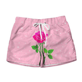Женские шорты 3D с принтом Роза на розовом , 100% полиэстер | прямой крой, два кармана без застежек по бокам. Мягкая трикотажная резинка на поясе, внутри которой широкие завязки. Длина до середины бедра | женственно | красота | роза | розовый | снежинки | фуксия | цветок | шик