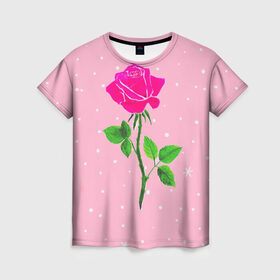 Женская футболка 3D с принтом Роза на розовом , 100% полиэфир ( синтетическое хлопкоподобное полотно) | прямой крой, круглый вырез горловины, длина до линии бедер | женственно | красота | роза | розовый | снежинки | фуксия | цветок | шик