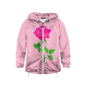 Детская ветровка 3D с принтом Роза на розовом , 100% полиэстер | подол и капюшон оформлены резинкой с фиксаторами, по бокам два кармана без застежек, один потайной карман на груди | женственно | красота | роза | розовый | снежинки | фуксия | цветок | шик