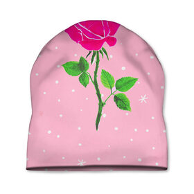 Шапка 3D с принтом Роза на розовом , 100% полиэстер | универсальный размер, печать по всей поверхности изделия | Тематика изображения на принте: женственно | красота | роза | розовый | снежинки | фуксия | цветок | шик