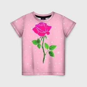 Детская футболка 3D с принтом Роза на розовом , 100% гипоаллергенный полиэфир | прямой крой, круглый вырез горловины, длина до линии бедер, чуть спущенное плечо, ткань немного тянется | женственно | красота | роза | розовый | снежинки | фуксия | цветок | шик