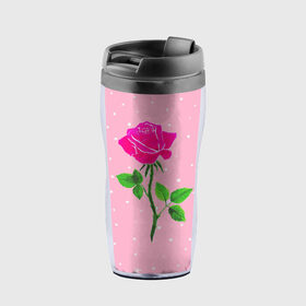 Термокружка-непроливайка с принтом Роза на розовом , внутренняя часть — пищевой пластик, наружная часть — прозрачный пластик, между ними — полиграфическая вставка с рисунком | объем — 350 мл, герметичная крышка | женственно | красота | роза | розовый | снежинки | фуксия | цветок | шик