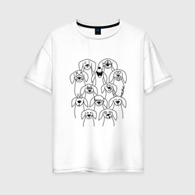 Женская футболка хлопок Oversize с принтом Дудл таксы , 100% хлопок | свободный крой, круглый ворот, спущенный рукав, длина до линии бедер
 | doodle | гипноглаза | дудл | сердце | смех | собака | собаки | такса | таксы | улыбка