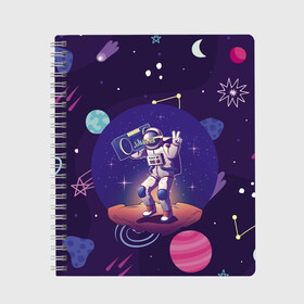 Тетрадь с принтом Space disco , 100% бумага | 48 листов, плотность листов — 60 г/м2, плотность картонной обложки — 250 г/м2. Листы скреплены сбоку удобной пружинной спиралью. Уголки страниц и обложки скругленные. Цвет линий — светло-серый
 | astronaut | gesture | planet | recorder | space | spacesuit | star | жест | звезда | космонавт | космос | магнитофон | очки | планета