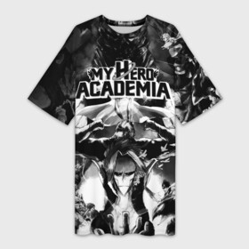 Платье-футболка 3D с принтом My Hero Academia чернобелое ,  |  | Тематика изображения на принте: academia | all might | bakugo | bnha | boku | boku no hero academia | deku | izuku | mha | midoriya | my hero | no hero academia | one for | todoroki | академия | боку | всемогущий | герой | геройская | деку | идзуку мидория | манга | причуда |