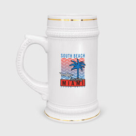 Кружка пивная с принтом Miami South Beach ,  керамика (Материал выдерживает высокую температуру, стоит избегать резкого перепада температур) |  объем 630 мл | beach | miami | акула | майами | майями | маями | море | океан | отдых | пальма | пляж | юг