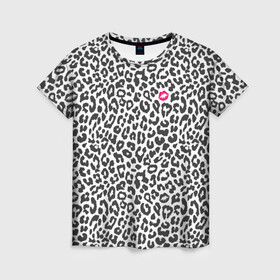 Женская футболка 3D с принтом Kiss , 100% полиэфир ( синтетическое хлопкоподобное полотно) | прямой крой, круглый вырез горловины, длина до линии бедер | art | background | kiss | leopard | lips | spots | texture | арт | губы | леопард | поцелуй | пятна | текстура | фон