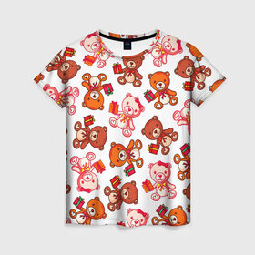 Женская футболка 3D с принтом Медвежата и подарки , 100% полиэфир ( синтетическое хлопкоподобное полотно) | прямой крой, круглый вырез горловины, длина до линии бедер | 