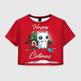 Женская футболка Crop-top 3D с принтом Happy Catmas , 100% полиэстер | круглая горловина, длина футболки до линии талии, рукава с отворотами | 2021 | cat | catmas | christmas | happy new year | merry christmas | new year | герлянда | кот | котейка | котики | новый год | праздник | рождество
