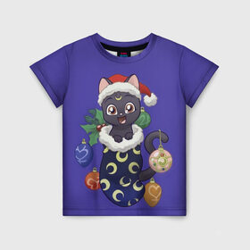 Детская футболка 3D с принтом Luna Happy New Year , 100% гипоаллергенный полиэфир | прямой крой, круглый вырез горловины, длина до линии бедер, чуть спущенное плечо, ткань немного тянется | 2021 | cat | catmas | christmas | happy new year | merry christmas | new year | аниме | кот | котейка | котики | луна | манга | новый год | праздник | рождество | сейлормун