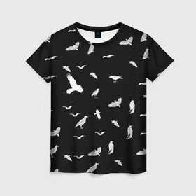 Женская футболка 3D с принтом Птицы | Чёрно-белые , 100% полиэфир ( синтетическое хлопкоподобное полотно) | прямой крой, круглый вырез горловины, длина до линии бедер | 