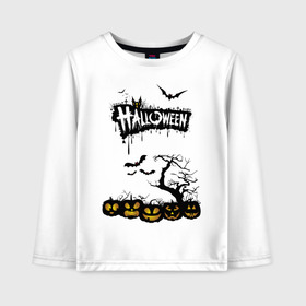 Детский лонгслив хлопок с принтом HALLOWEEN , 100% хлопок | круглый вырез горловины, полуприлегающий силуэт, длина до линии бедер | bones | ghost | halloween | pumpkin | skull | кости | летучие мыши | приведение | призрак | скелет | тыква | хеллоуин | хоррор | хэллоуин