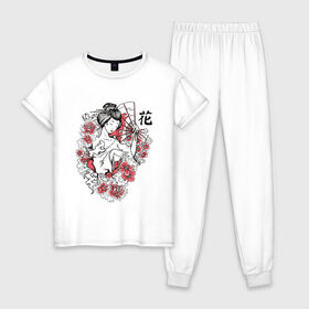 Женская пижама хлопок с принтом Гейша , 100% хлопок | брюки и футболка прямого кроя, без карманов, на брюках мягкая резинка на поясе и по низу штанин | geisha | japan | веер | девушка | женщина | иероглиф | иероглифы | кимоно | рисунок | сакура | цветочки | цветы | япония | японка