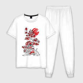 Мужская пижама хлопок с принтом Япония , 100% хлопок | брюки и футболка прямого кроя, без карманов, на брюках мягкая резинка на поясе и по низу штанин
 | japan | tiger | азия | буддизм | дерево | иероглиф | иероглифы | император | кимоно | краска | рисунок | сакура | самурай | солнце | терракота | тигр | хищник | япония | японский воин