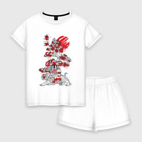 Женская пижама с шортиками хлопок с принтом Япония , 100% хлопок | футболка прямого кроя, шорты свободные с широкой мягкой резинкой | japan | tiger | азия | буддизм | дерево | иероглиф | иероглифы | император | кимоно | краска | рисунок | сакура | самурай | солнце | терракота | тигр | хищник | япония | японский воин