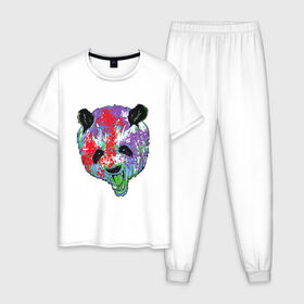 Мужская пижама хлопок с принтом Панда , 100% хлопок | брюки и футболка прямого кроя, без карманов, на брюках мягкая резинка на поясе и по низу штанин
 | Тематика изображения на принте: animal | animals | australia | bear | paint | panda | panda bear | австралия | голова | голова панды | животное | зубы | клыки | краска | краски | медведь | медведь панда | панда | пандочка | природа | рисунок