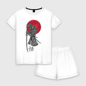 Женская пижама с шортиками хлопок с принтом Самурай , 100% хлопок | футболка прямого кроя, шорты свободные с широкой мягкой резинкой | japan | katana | moon | samurai | воин | воин самурай | доспехи | доспехи самурая | иероглиф | иероглифы | ироглиф | катана | луна | меч | нагабакама | рисунок | самурай | самурайское кимоно | солнце | хакама