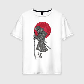 Женская футболка хлопок Oversize с принтом Самурай , 100% хлопок | свободный крой, круглый ворот, спущенный рукав, длина до линии бедер
 | japan | katana | moon | samurai | воин | воин самурай | доспехи | доспехи самурая | иероглиф | иероглифы | ироглиф | катана | луна | меч | нагабакама | рисунок | самурай | самурайское кимоно | солнце | хакама