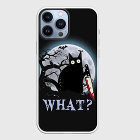 Чехол для iPhone 13 Pro Max с принтом What Cat (Halloween) ,  |  | Тематика изображения на принте: cat | cats | halloween | what | кот | котенок | коты | котяра | кошак | кошка | нож | пушистый | хэллоуин | что