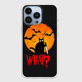 Чехол для iPhone 13 Pro с принтом What Cat (Halloween) ,  |  | Тематика изображения на принте: cat | cats | halloween | moon | what | кот | котенок | коты | котяра | кошак | кошка | летучая | луна | мышь | нож | пушистый | хэллоуин | что