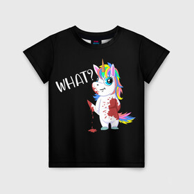 Детская футболка 3D с принтом What Unicorn , 100% гипоаллергенный полиэфир | прямой крой, круглый вырез горловины, длина до линии бедер, чуть спущенное плечо, ткань немного тянется | cat | halloween | rainbow | unicorn | what | единорог | единорожек | кот | нож | пушистый | радуга | радужный | хэллоуин | что