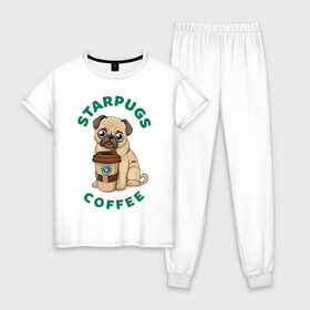 Женская пижама хлопок с принтом Starpugs , 100% хлопок | брюки и футболка прямого кроя, без карманов, на брюках мягкая резинка на поясе и по низу штанин | animal | art | coffee | dog | pug | puppy | арт | животное | кофе | мопс | собака | щенок