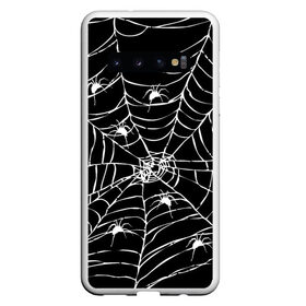 Чехол для Samsung Galaxy S10 с принтом Паутина с пауками , Силикон | Область печати: задняя сторона чехла, без боковых панелей | Тематика изображения на принте: black and white | darkness | halloween | horror | night | spider | web | готика | жуки | жуткий | мальчикам | насекомые | нечисть | нити | ночные | ночь | пауки | паутина | подарок | сетка | страшный | темный | тьма | хеллоуин | хоррор