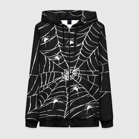 Женская толстовка 3D на молнии с принтом Паутина с пауками , 100% полиэстер | длина до линии бедра, манжеты и пояс оформлены мягкой тканевой резинкой, двухслойный капюшон со шнурком для регулировки, спереди молния, по бокам два кармана | black and white | darkness | halloween | horror | night | spider | web | готика | жуки | жуткий | мальчикам | насекомые | нечисть | нити | ночные | ночь | пауки | паутина | подарок | сетка | страшный | темный | тьма | хеллоуин | хоррор