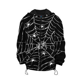 Детская куртка 3D с принтом Паутина с пауками , 100% полиэстер | застежка — молния, подол и капюшон оформлены резинкой с фиксаторами, по бокам — два кармана без застежек, один потайной карман на груди, плотность верхнего слоя — 90 г/м2; плотность флисового подклада — 260 г/м2 | black and white | darkness | halloween | horror | night | spider | web | готика | жуки | жуткий | мальчикам | насекомые | нечисть | нити | ночные | ночь | пауки | паутина | подарок | сетка | страшный | темный | тьма | хеллоуин | хоррор