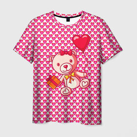 Мужская футболка 3D с принтом Медвежонок сюрприз , 100% полиэфир | прямой крой, круглый вырез горловины, длина до линии бедер | baby | bear | love is | teddy | valentines | бабочка | бантик | валентина | влюбленный | воздушный шарик | девочка | игрушка | лучшая мама | любимая жена | люблю | любовь | малыш | марта | медведь | медвежата | милый
