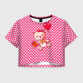 Женская футболка Crop-top 3D с принтом Медвежонок сюрприз , 100% полиэстер | круглая горловина, длина футболки до линии талии, рукава с отворотами | baby | bear | love is | teddy | valentines | бабочка | бантик | валентина | влюбленный | воздушный шарик | девочка | игрушка | лучшая мама | любимая жена | люблю | любовь | малыш | марта | медведь | медвежата | милый