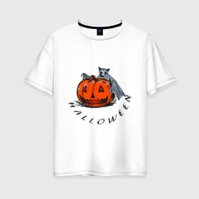 Женская футболка хлопок Oversize с принтом Bat and pumpkin-still life , 100% хлопок | свободный крой, круглый ворот, спущенный рукав, длина до линии бедер
 | Тематика изображения на принте: helloween | день всех святых | летучая мышь | тыква | хеллуин