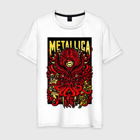 Мужская футболка хлопок с принтом Metallica , 100% хлопок | прямой крой, круглый вырез горловины, длина до линии бедер, слегка спущенное плечо. | fangs | group | horns | metallica | neon | octopus | thrash metal | группа | клыки | неон | рога | спрут | трэш металл