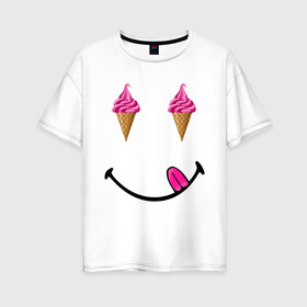 Женская футболка хлопок Oversize с принтом Мороженое , 100% хлопок | свободный крой, круглый ворот, спущенный рукав, длина до линии бедер
 | brand | бренд | классика | летние | минимализм | модные | мордочка | мороженое | популярные иллюстрации | прикольные картинки | стиль | стильные | улыбка