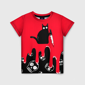 Детская футболка 3D с принтом WHAT CAT , 100% гипоаллергенный полиэфир | прямой крой, круглый вырез горловины, длина до линии бедер, чуть спущенное плечо, ткань немного тянется | art | black | black cat | cat | dark | dark cat | halloween | what | what cat | what mem | арт | кот | кот арт | кот мем | мем | нож | праздник | прикол | прикольный кот | убица | хэллоуин | чёрный | чёрный кот | что | что мем
