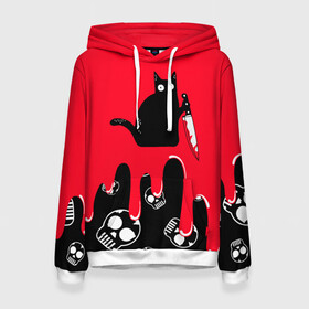 Женская толстовка 3D с принтом WHAT CAT , 100% полиэстер  | двухслойный капюшон со шнурком для регулировки, мягкие манжеты на рукавах и по низу толстовки, спереди карман-кенгуру с мягким внутренним слоем. | art | black | black cat | cat | dark | dark cat | halloween | what | what cat | what mem | арт | кот | кот арт | кот мем | мем | нож | праздник | прикол | прикольный кот | убица | хэллоуин | чёрный | чёрный кот | что | что мем