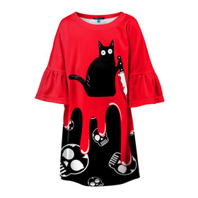 Детское платье 3D с принтом WHAT CAT , 100% полиэстер | прямой силуэт, чуть расширенный к низу. Круглая горловина, на рукавах — воланы | art | black | black cat | cat | dark | dark cat | halloween | what | what cat | what mem | арт | кот | кот арт | кот мем | мем | нож | праздник | прикол | прикольный кот | убица | хэллоуин | чёрный | чёрный кот | что | что мем