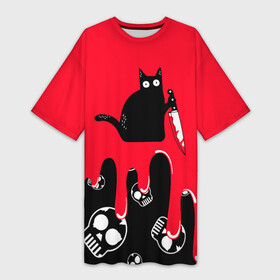 Платье-футболка 3D с принтом WHAT CAT ,  |  | art | black | black cat | cat | dark | dark cat | halloween | what | what cat | what mem | арт | кот | кот арт | кот мем | мем | нож | праздник | прикол | прикольный кот | убица | хэллоуин | чёрный | чёрный кот | что | что мем
