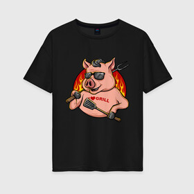 Женская футболка хлопок Oversize с принтом Я люблю гриль , 100% хлопок | свободный крой, круглый ворот, спущенный рукав, длина до линии бедер
 | art | drawing | fire | grill | pig | арт | гриль | огонь | рисунок | свин | свинка | свинья | хрюшка