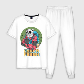 Мужская пижама хлопок с принтом Кибер Панда , 100% хлопок | брюки и футболка прямого кроя, без карманов, на брюках мягкая резинка на поясе и по низу штанин
 | Тематика изображения на принте: art | bear | costume | cyber | drawing | jetpack | panda | planet | арт | кибер | костюм | медведь | панда | планета | реактивный ранец | рисунок