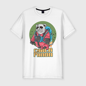 Мужская футболка хлопок Slim с принтом Кибер Панда , 92% хлопок, 8% лайкра | приталенный силуэт, круглый вырез ворота, длина до линии бедра, короткий рукав | Тематика изображения на принте: art | bear | costume | cyber | drawing | jetpack | panda | planet | арт | кибер | костюм | медведь | панда | планета | реактивный ранец | рисунок