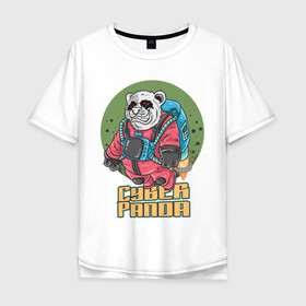 Мужская футболка хлопок Oversize с принтом Кибер Панда , 100% хлопок | свободный крой, круглый ворот, “спинка” длиннее передней части | Тематика изображения на принте: art | bear | costume | cyber | drawing | jetpack | panda | planet | арт | кибер | костюм | медведь | панда | планета | реактивный ранец | рисунок
