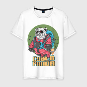 Мужская футболка хлопок с принтом Кибер Панда , 100% хлопок | прямой крой, круглый вырез горловины, длина до линии бедер, слегка спущенное плечо. | art | bear | costume | cyber | drawing | jetpack | panda | planet | арт | кибер | костюм | медведь | панда | планета | реактивный ранец | рисунок